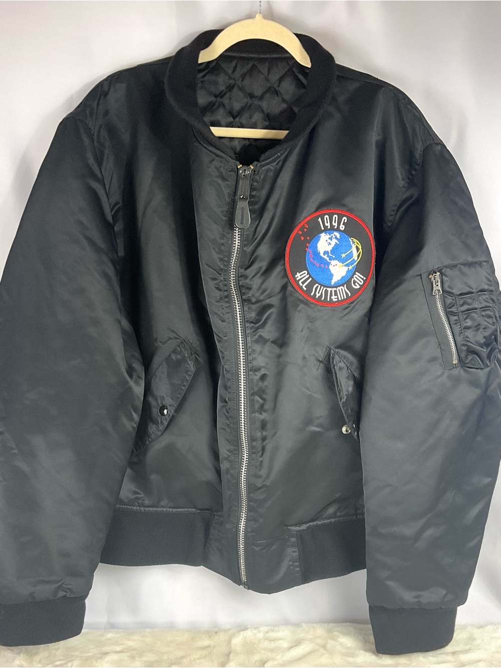 Vintage 1990s Reversible MA-1 Bomber Jacket Black Quilted 1996 All Systems Go